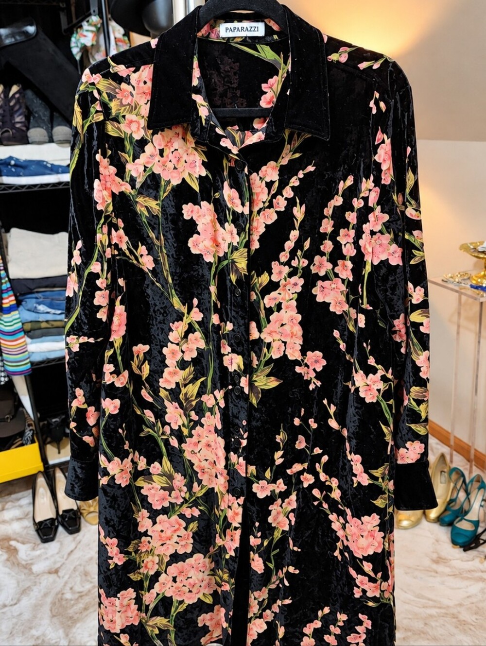 paparazzi Black Velvet Trench Coat with Pink Floral Print